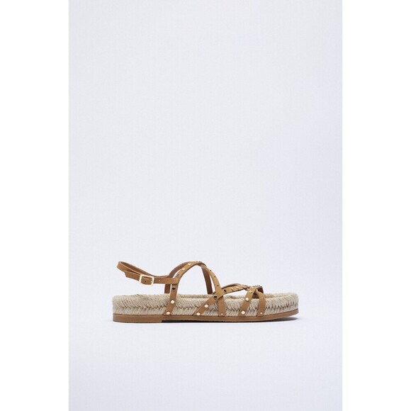 Brown Zara Suede Stud Embellished Straps Gladiator Espadrille Sandals (NWT) - Picture 2 of 9